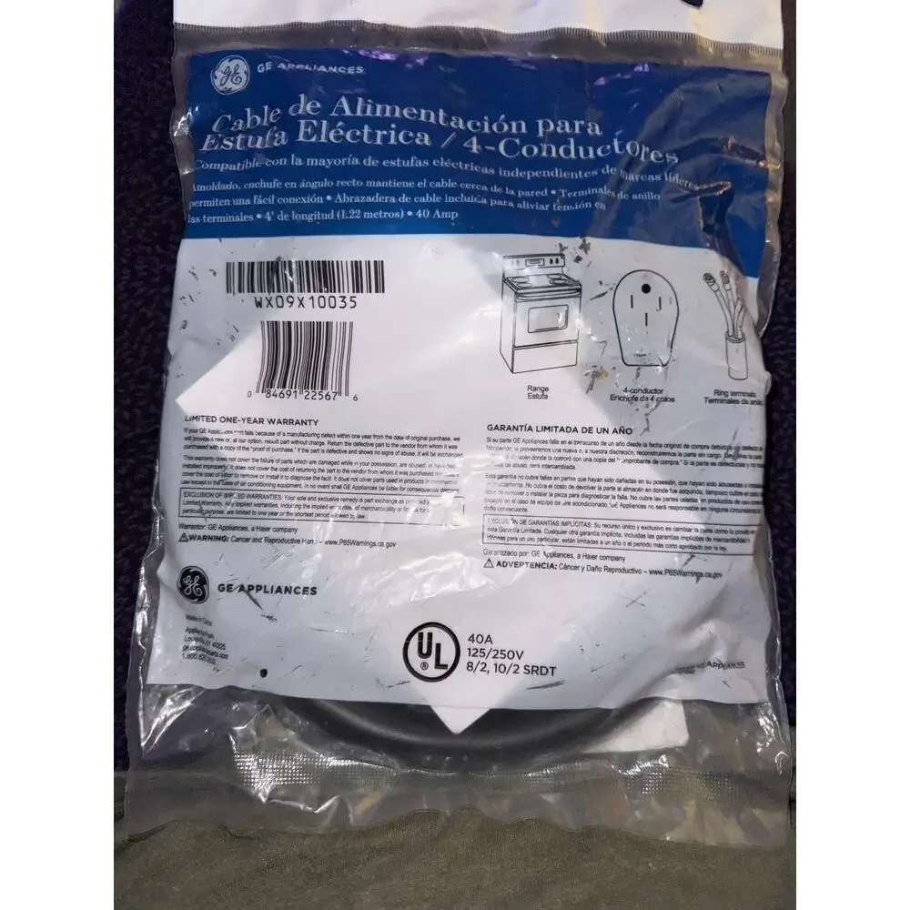 Brand New GE 4 Wire Black Range Power Cord